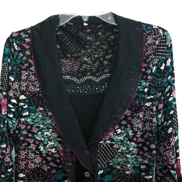 Black colorful floral long sleeve blouse, with little tiny studs and lace detail - Picture 4 of 8